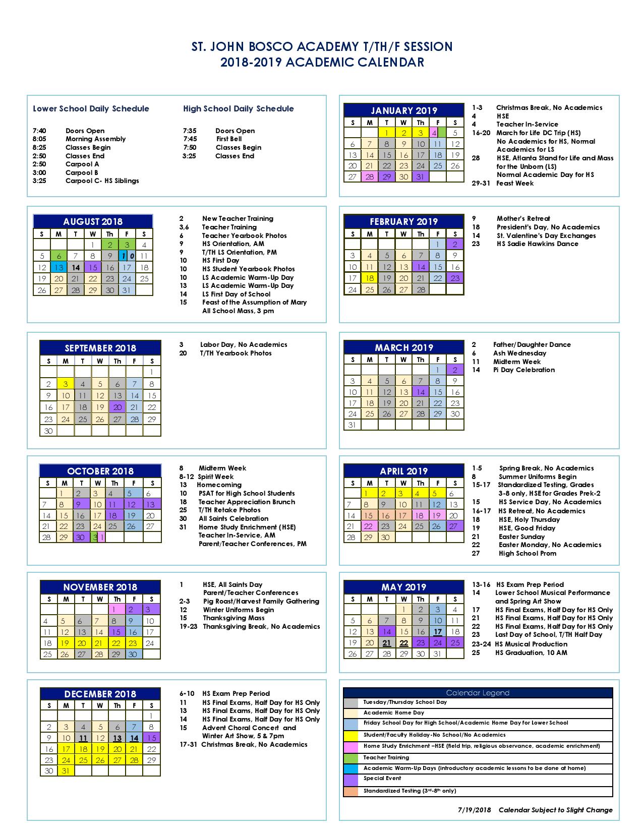 2018 - 2019 Academic Calendars | St. John Bosco Academy